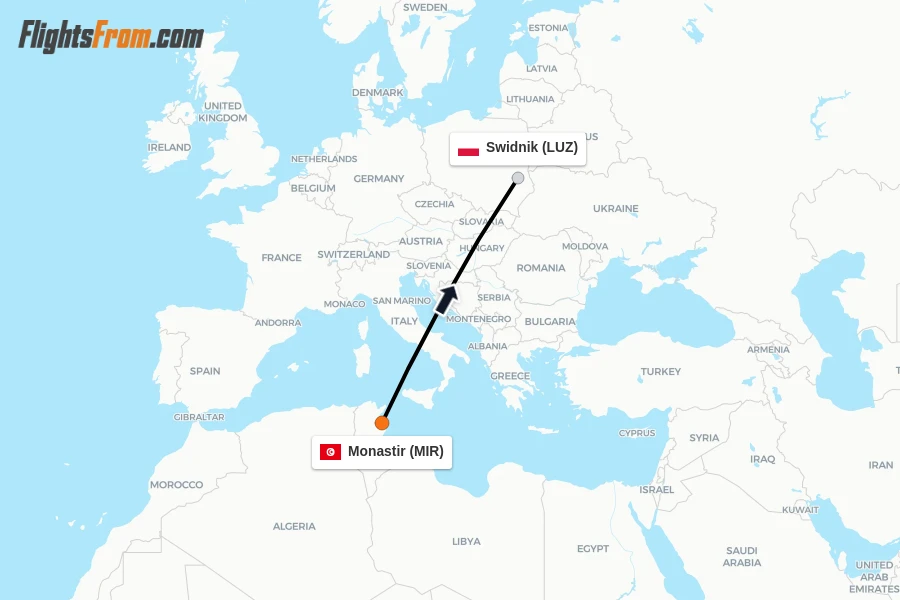 Flights from Monastir to Swidnik route map
