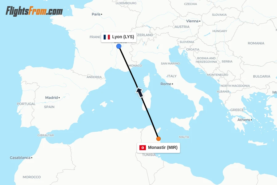 Flights from Monastir to Lyon route map