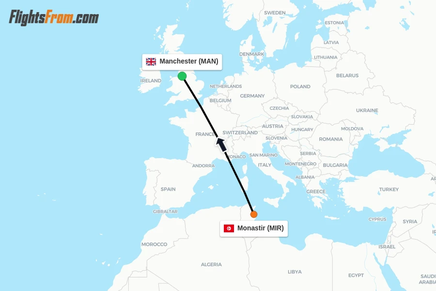 Flights from Monastir to Manchester route map