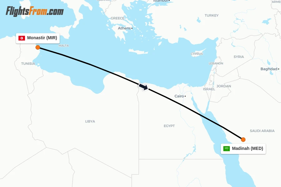 Flights from Monastir to Madinah route map