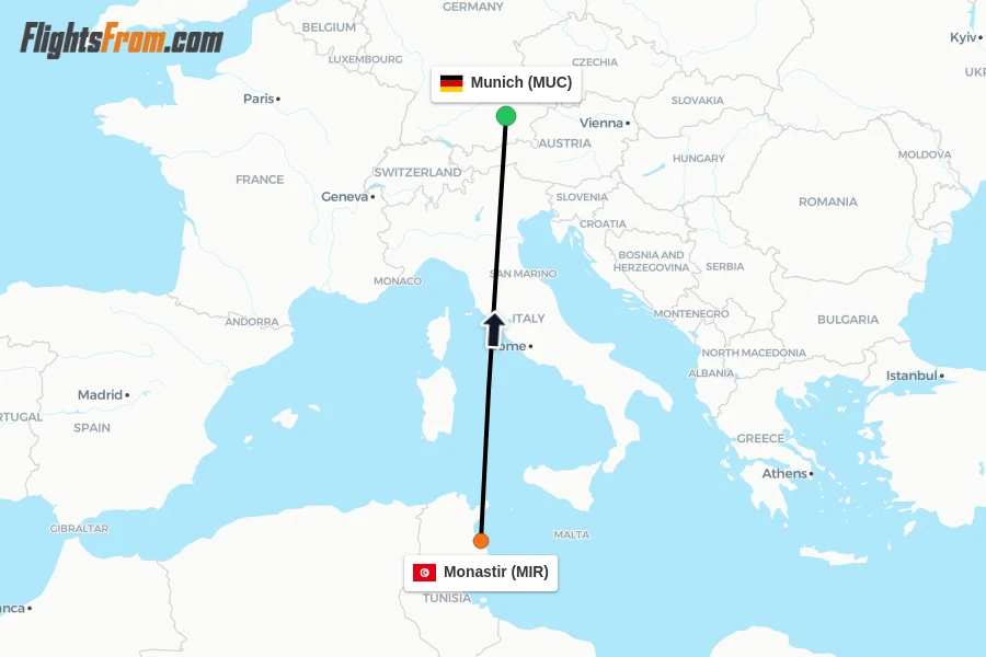 Flights from Monastir to Munich route map