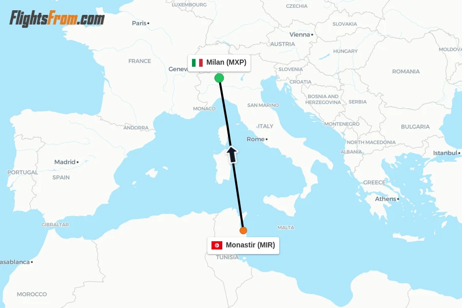 Flights from Monastir to Milan route map