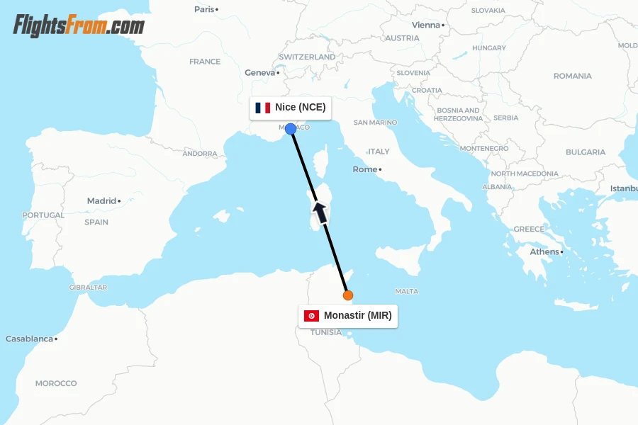Flights from Monastir to Nice route map