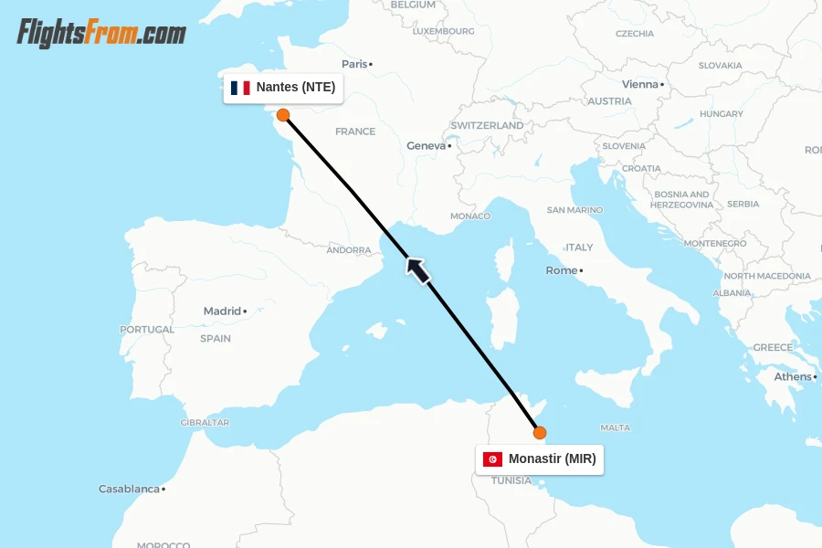 Flights from Monastir to Nantes route map
