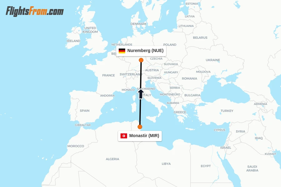 Flights from Monastir to Nuremberg route map