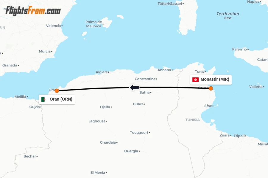 Flights from Monastir to Oran route map