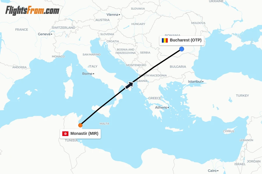 Flights from Monastir to Bucharest route map