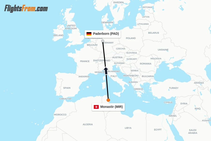 Flights from Monastir to Paderborn route map