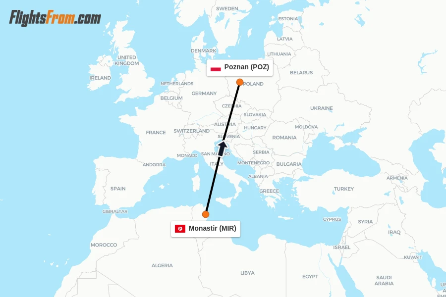 Flights from Monastir to Poznan route map