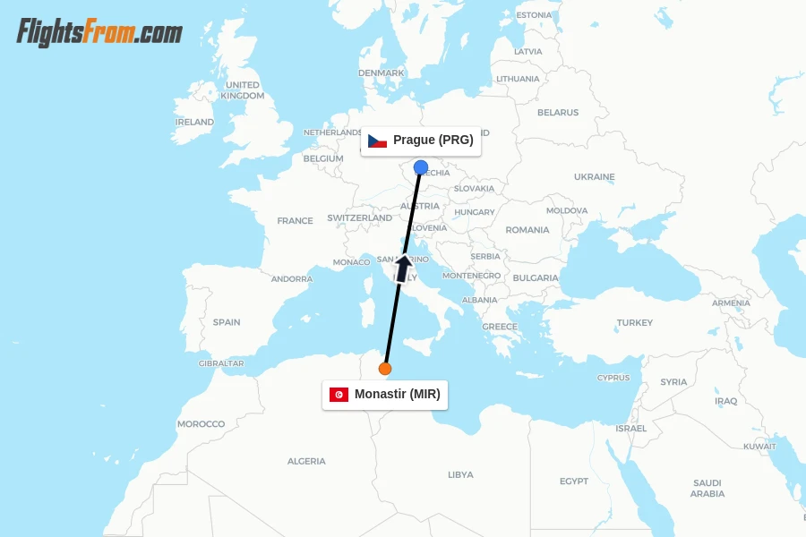 Flights from Monastir to Prague route map