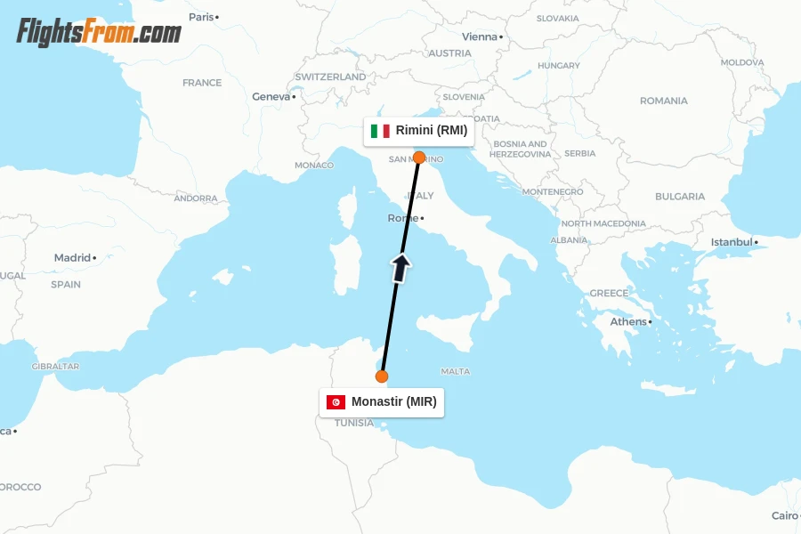 Flights from Monastir to Rimini route map