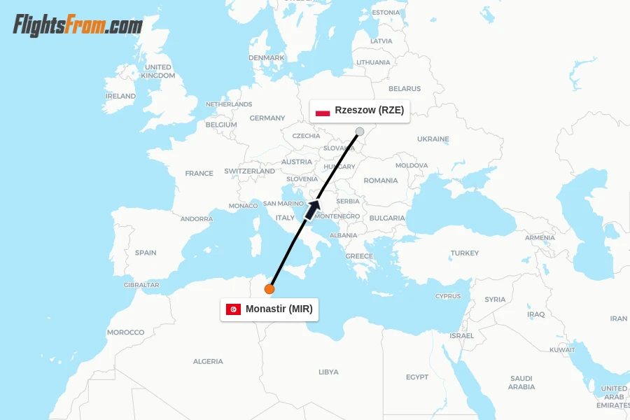 Flights from Monastir to Rzeszow route map