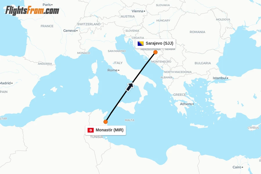 Flights from Monastir to Sarajevo route map