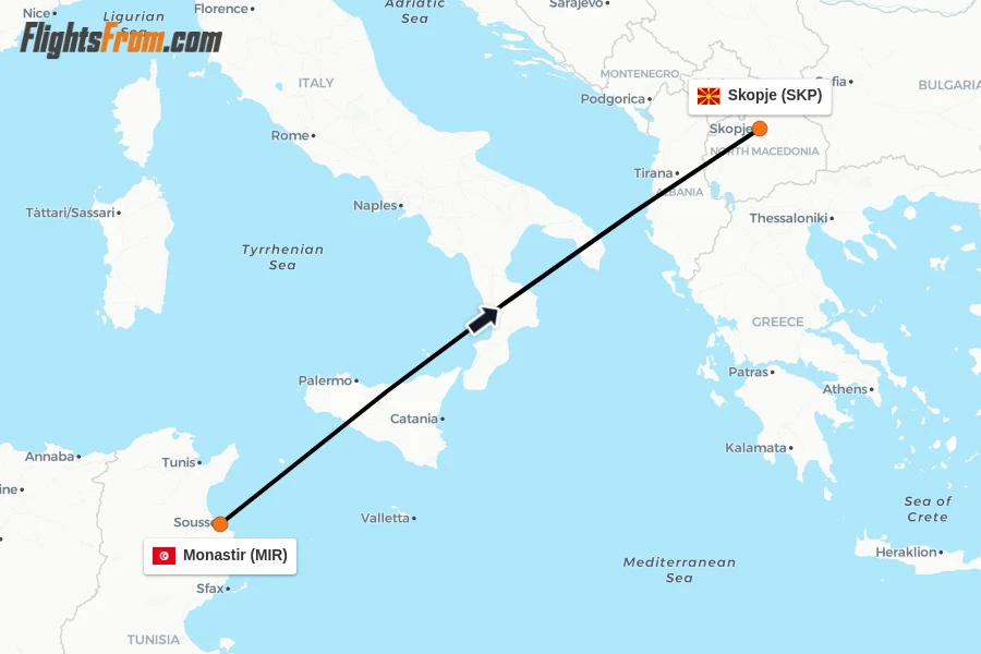Flights from Monastir to Skopje route map