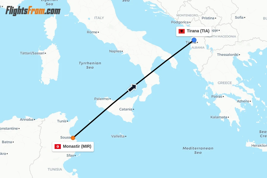 Flights from Monastir to Tirana route map