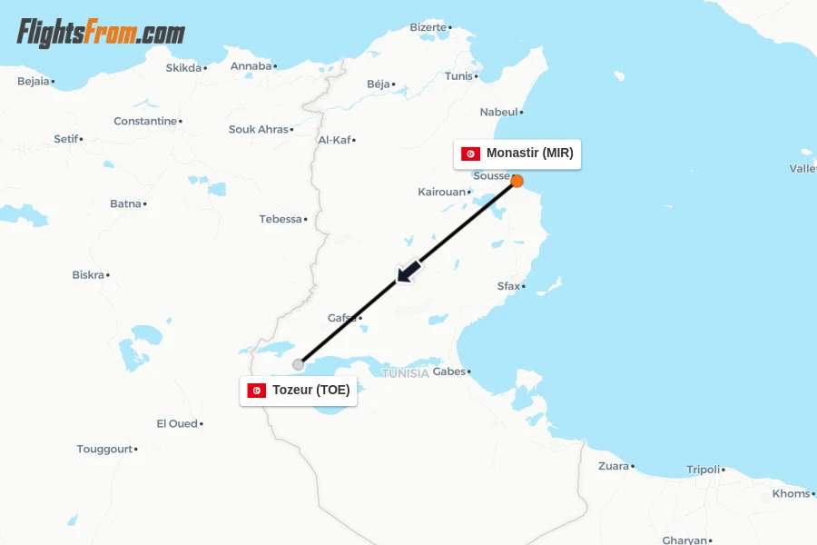 Flights from Monastir to Tozeur route map