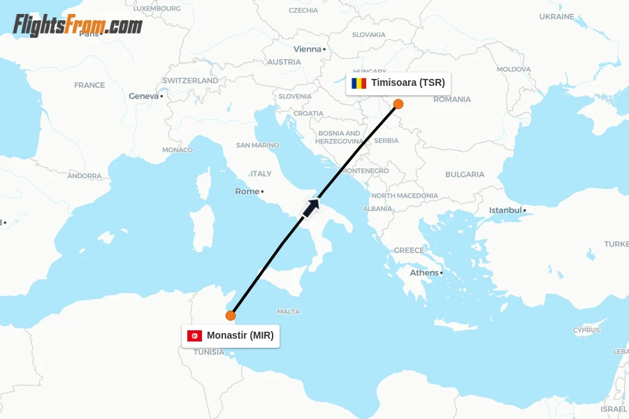Flights from Monastir to Timisoara route map