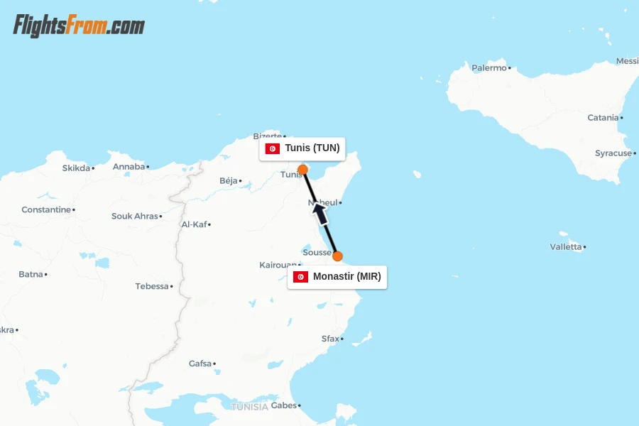 Flights from Monastir to Tunis route map