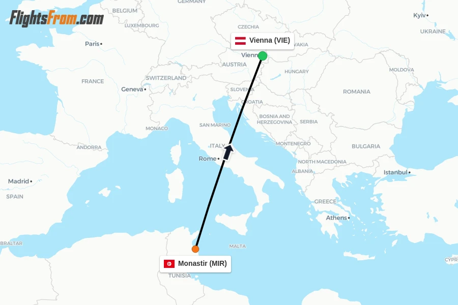 Flights from Monastir to Vienna route map
