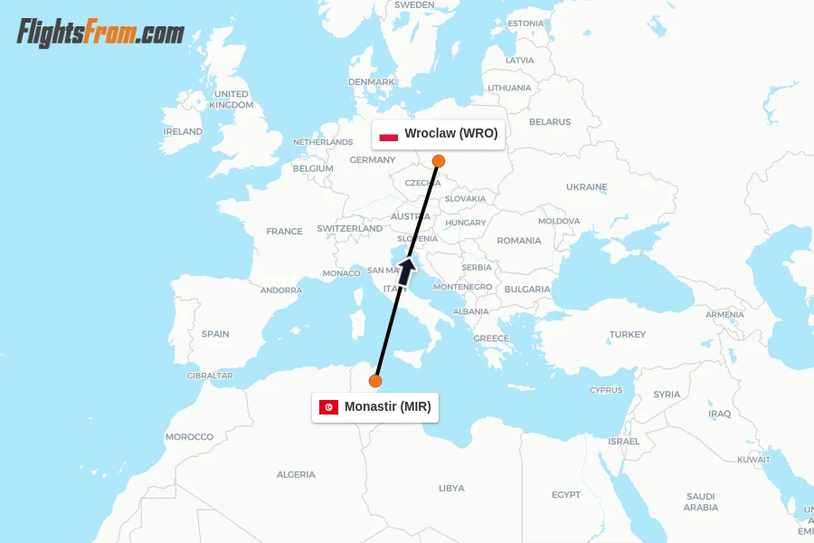 Flights from Monastir to Wroclaw route map