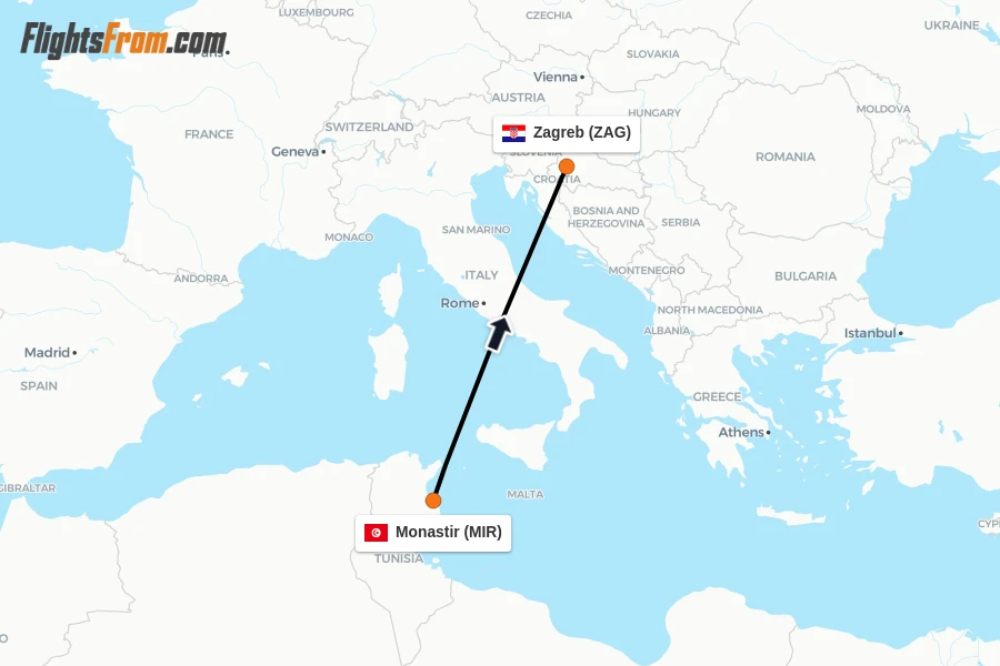 Flights from Monastir to Zagreb route map