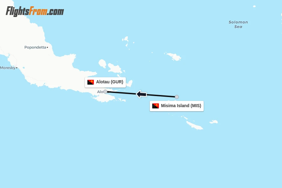 Flights from Misima Island to Alotau route map