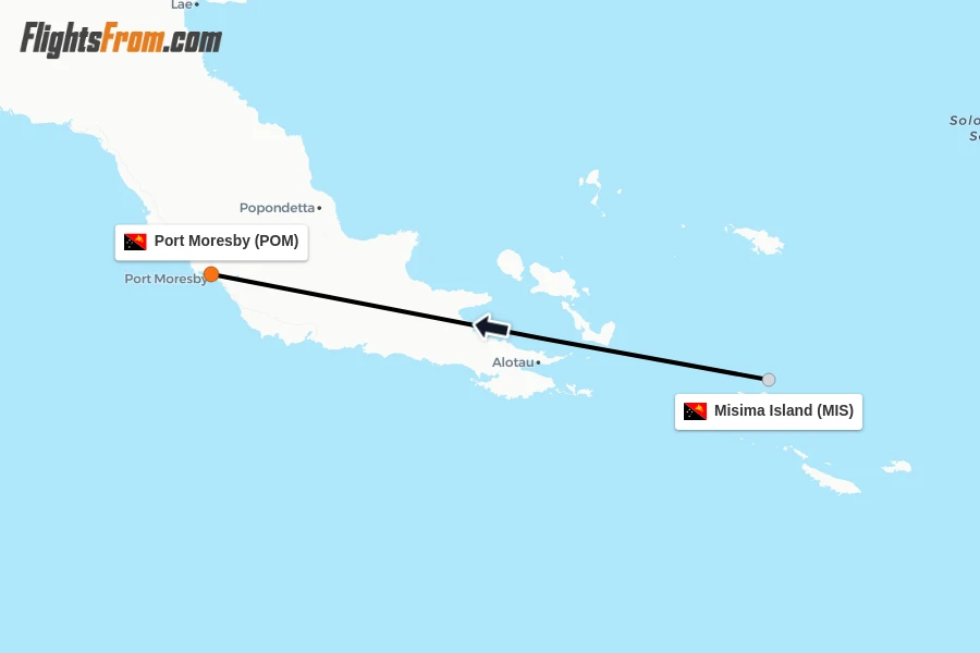 Flights from Misima Island to Port Moresby route map