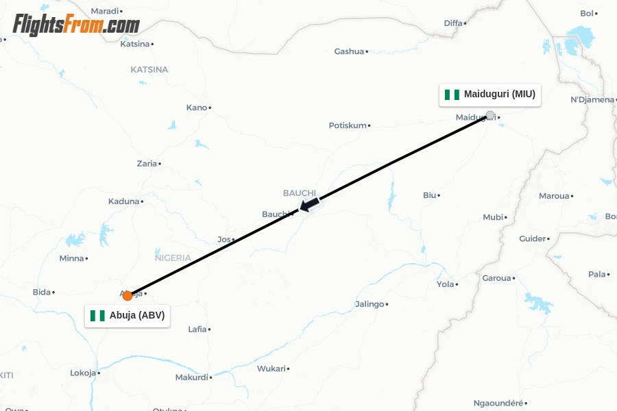 Flights from Maiduguri to Abuja route map