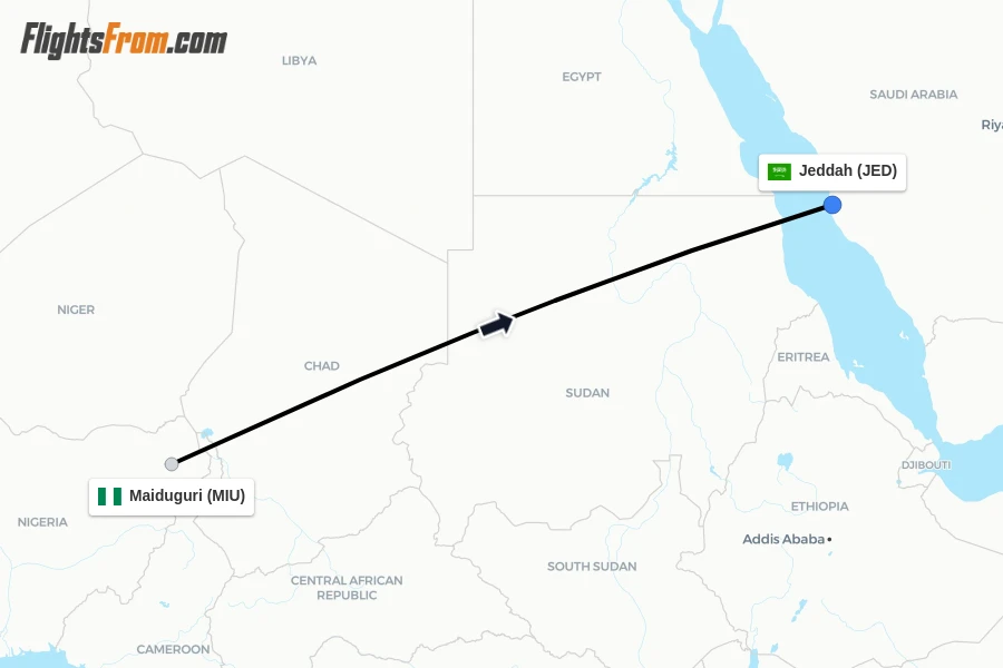 Flights from Maiduguri to Jeddah route map