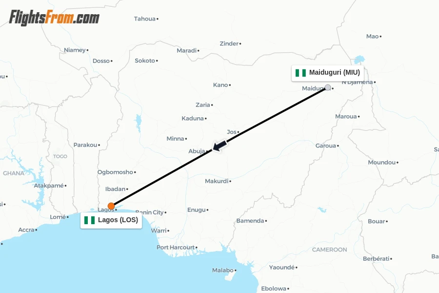 Flights from Maiduguri to Lagos route map