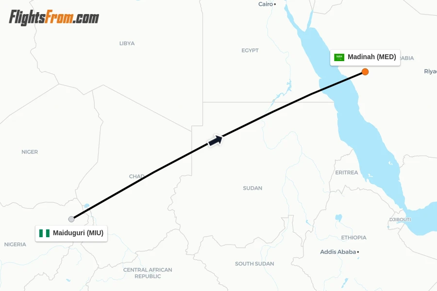 Flights from Maiduguri to Madinah route map