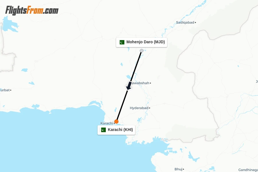 Flights from Mohenjo Daro to Karachi route map