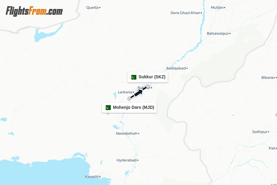 Flights from Mohenjo Daro to Sukkur route map