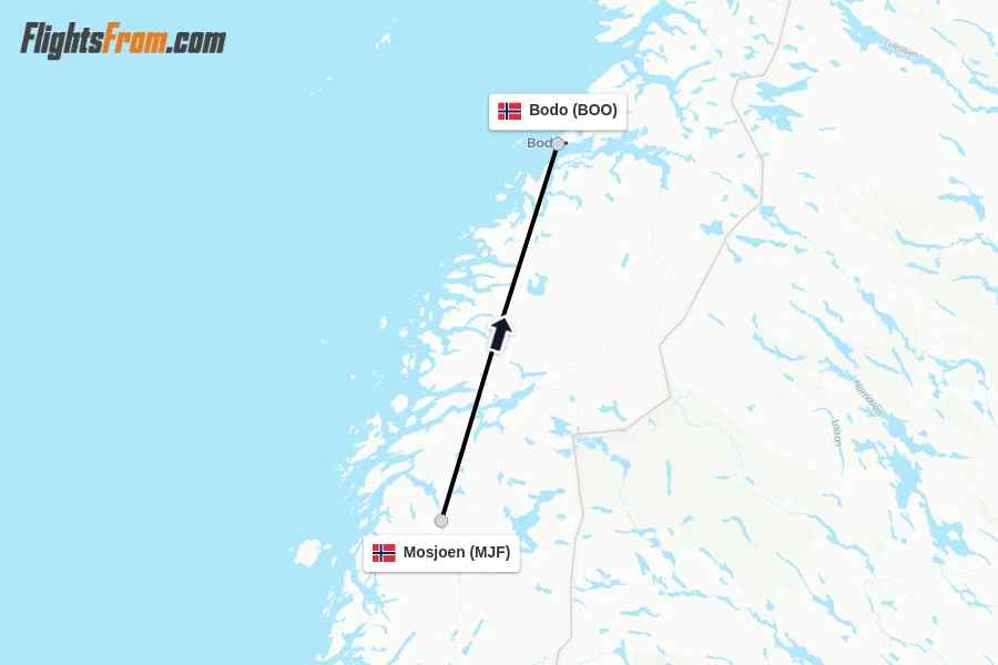 Flights from Mosjoen to Bodo route map