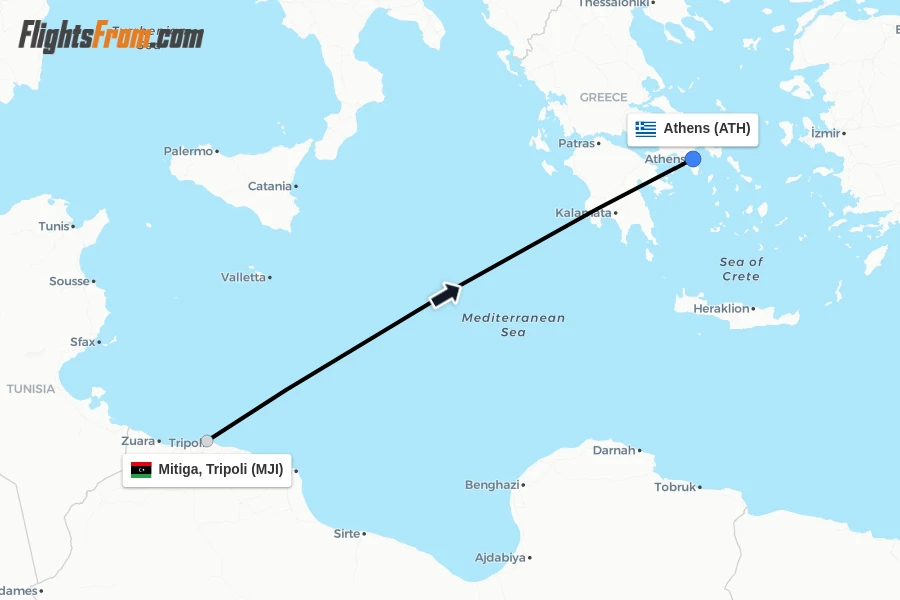 Flights from Mitiga, Tripoli to Athens route map