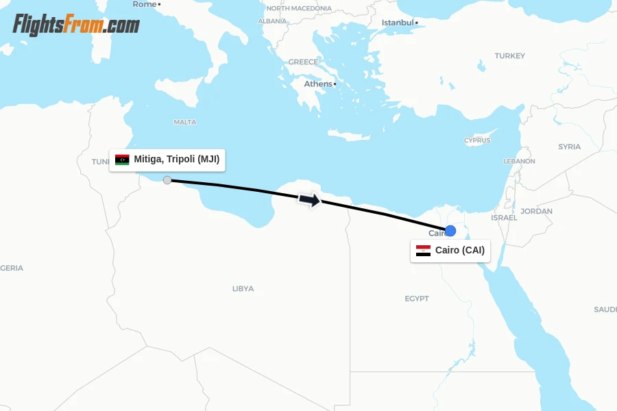 Flights from Mitiga, Tripoli to Cairo route map