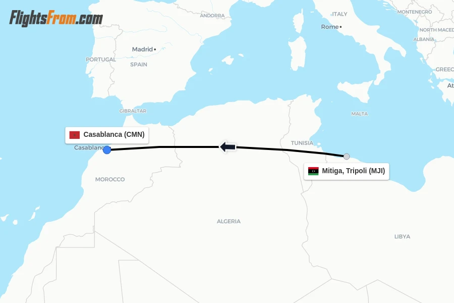 Flights from Mitiga, Tripoli to Casablanca route map