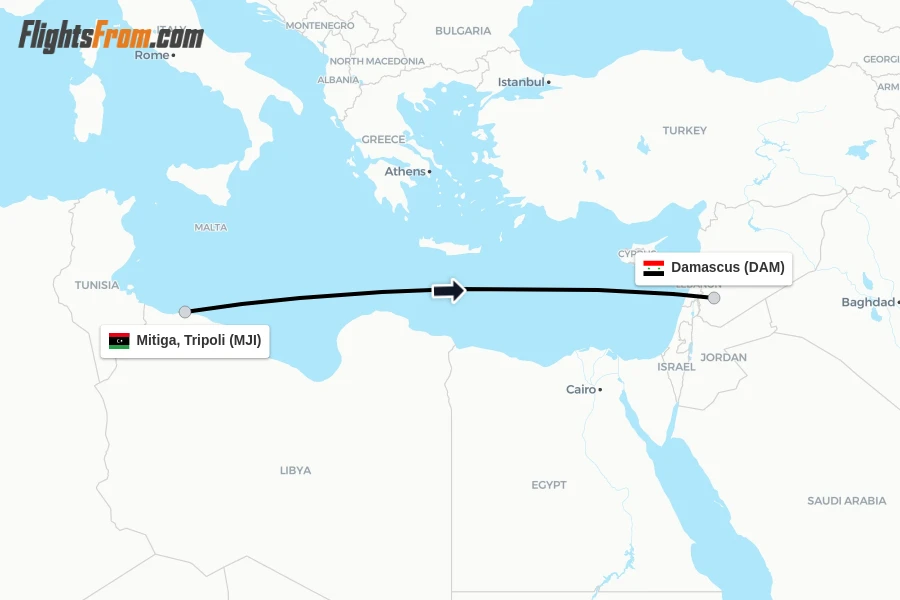 Flights from Mitiga, Tripoli to Damascus route map