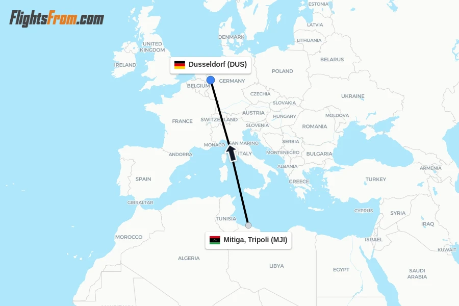Flights from Mitiga, Tripoli to Dusseldorf route map