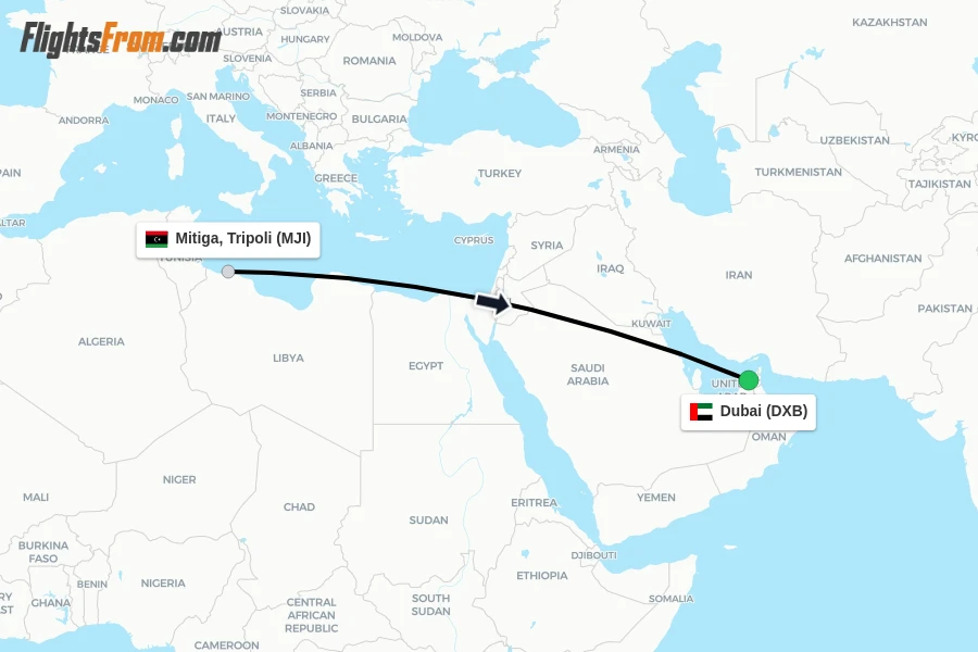 Flights from Mitiga, Tripoli to Dubai route map