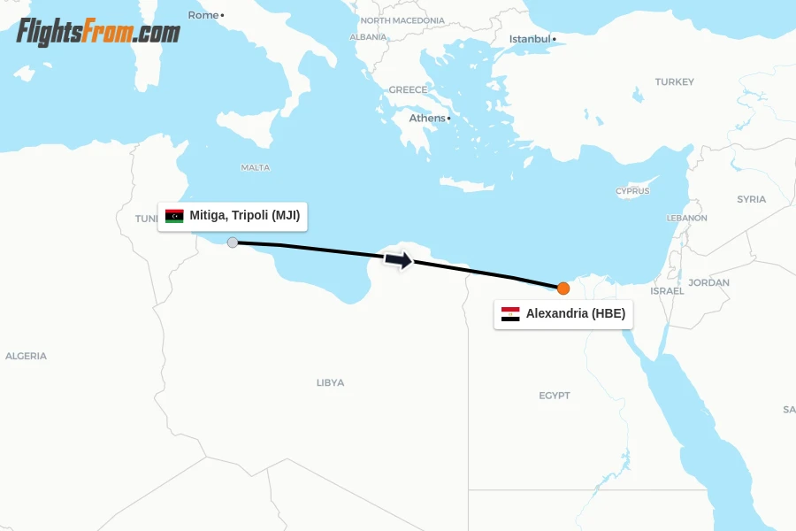 Flights from Mitiga, Tripoli to Alexandria route map