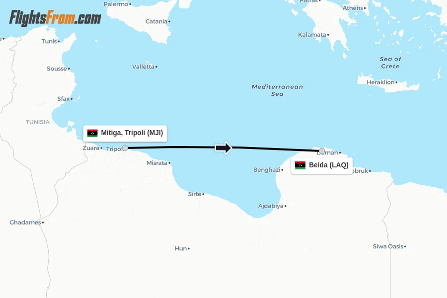 Flights from Mitiga, Tripoli to Beida route map