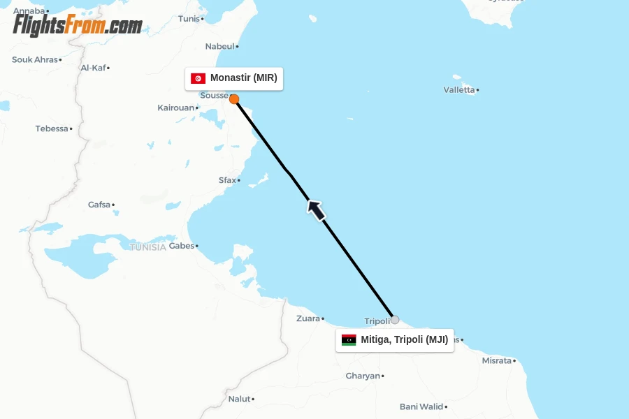 Flights from Mitiga, Tripoli to Monastir route map