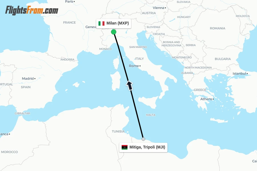 Flights from Mitiga, Tripoli to Milan route map