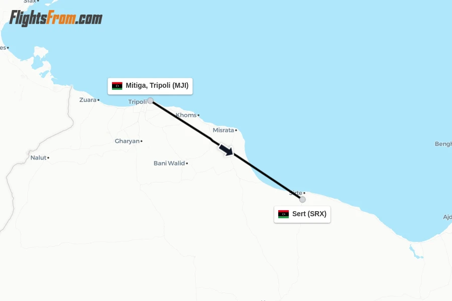 Flights from Mitiga, Tripoli to Sert route map