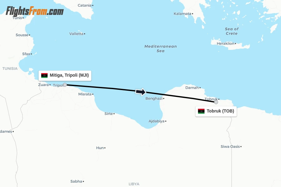 Flights from Mitiga, Tripoli to Tobruk route map