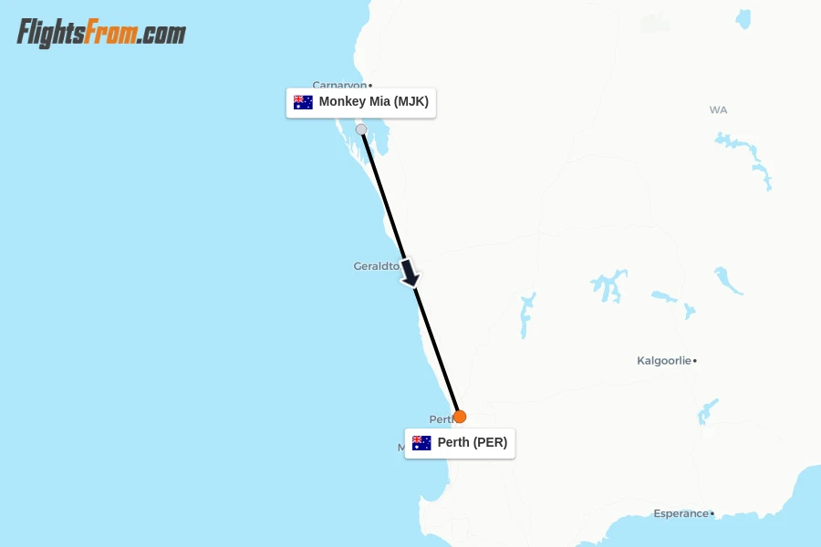 Flights from Monkey Mia to Perth route map