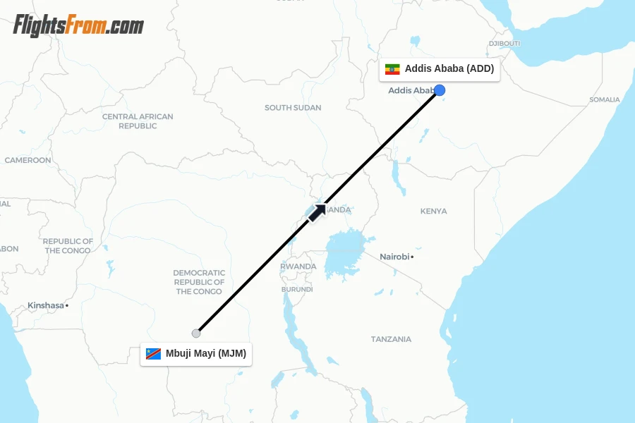 Flights from Mbuji Mayi to Addis Ababa route map