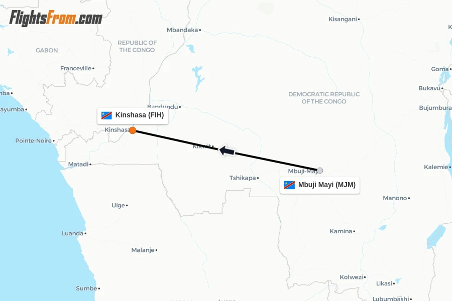 Flights from Mbuji Mayi to Kinshasa route map
