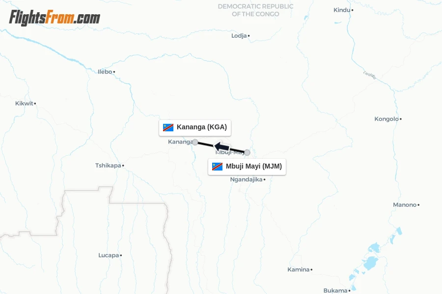 Flights from Mbuji Mayi to Kananga route map
